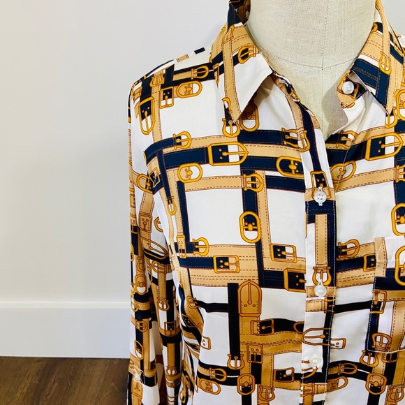 CYBER SALE🕊️vintage 80’s silky button down gold black buckle design blouse - Picture 6 of 10